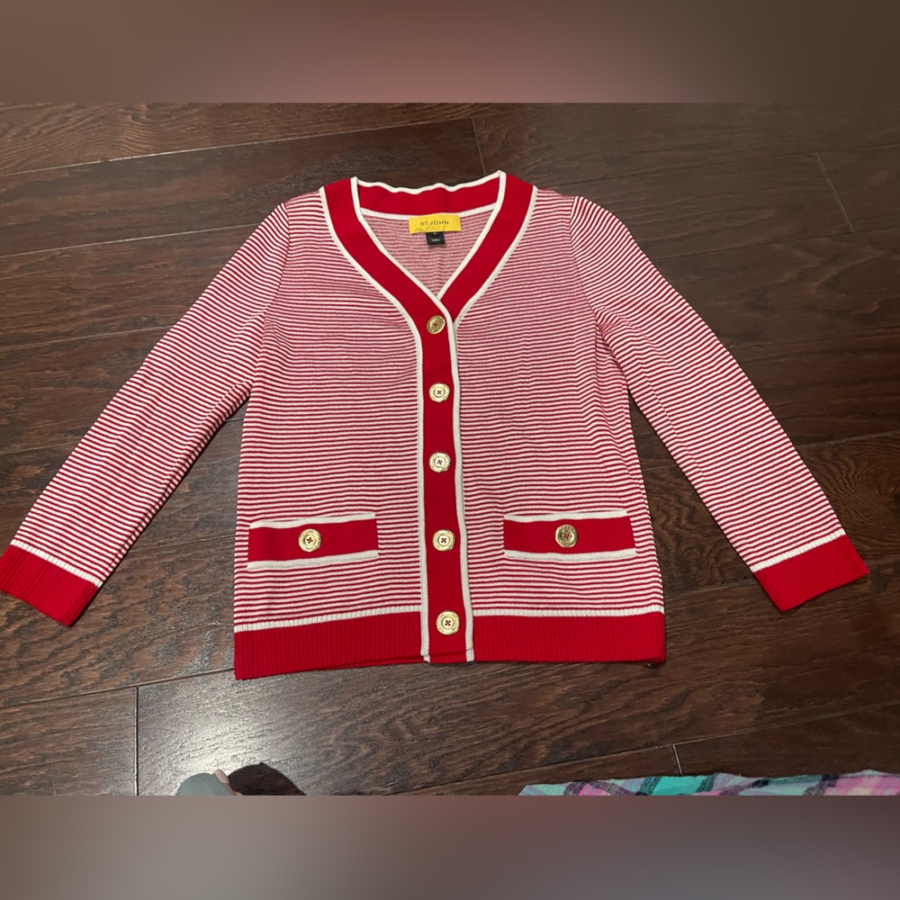 St. John Santana knit red white stripe cardigan Gold Tone Button Wine Size Small